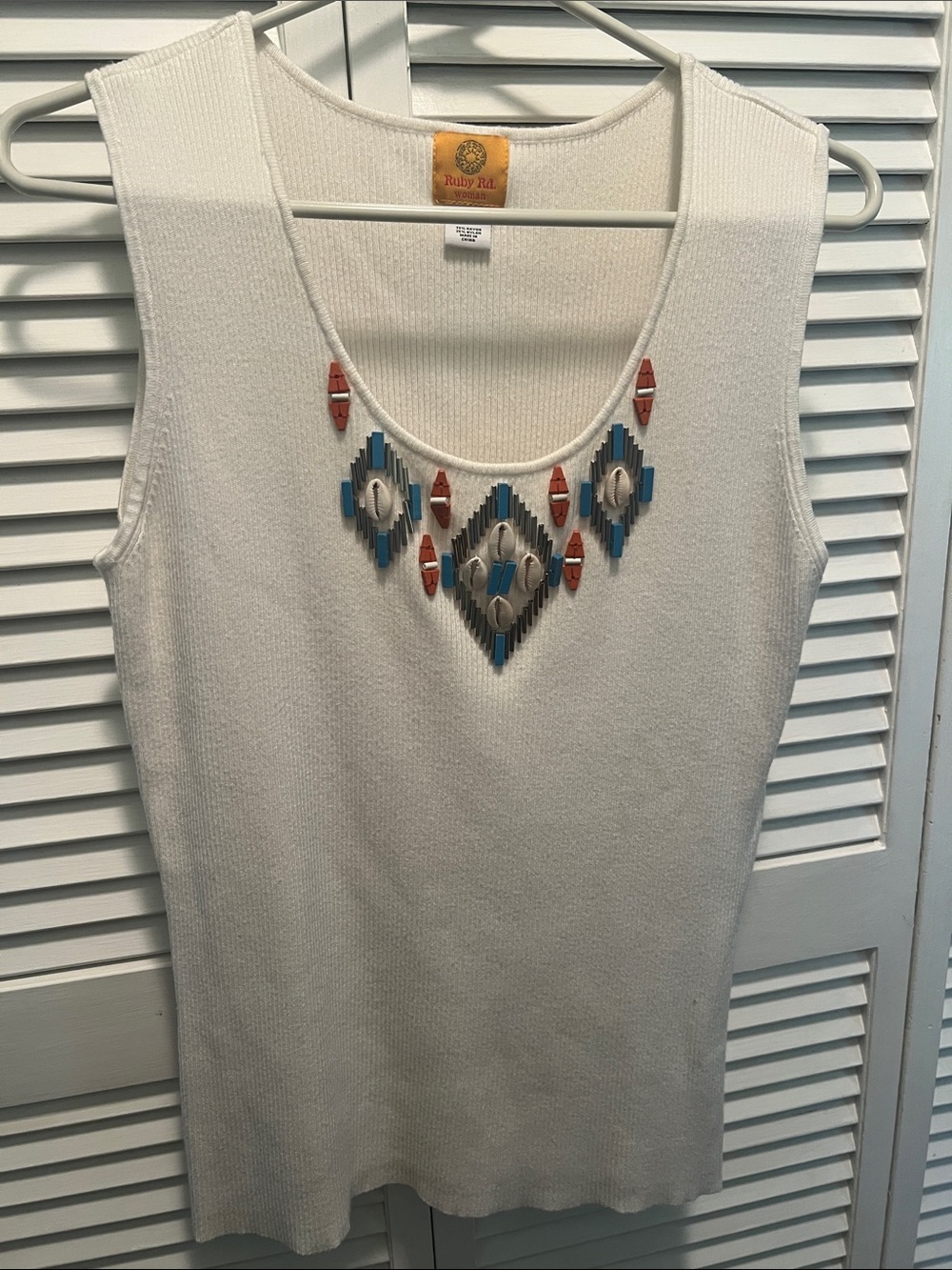 #3226**Ruby Rd. White Sleeveless Tank with Beaded Aztec Accent